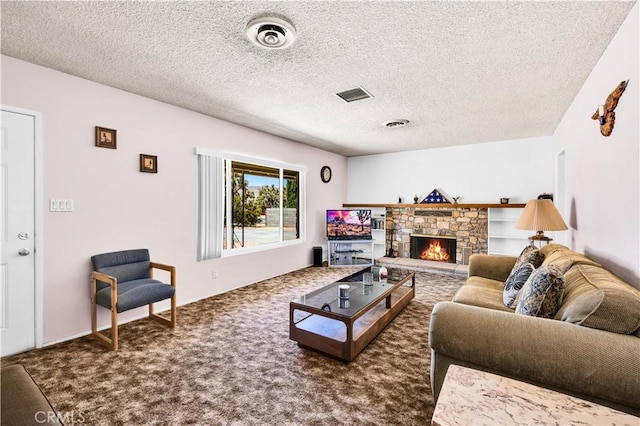 7599 Joshua Ln, Yucca Valley, CA 92284 - carpeted living room with a textured ceiling and a fireplace