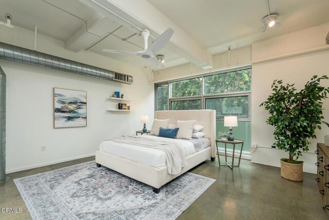 510 S Hewitt St Unit 106, Los Angeles, CA 90013 - bedroom featuring finished concrete flooring, beamed ceiling, and a ceiling fan