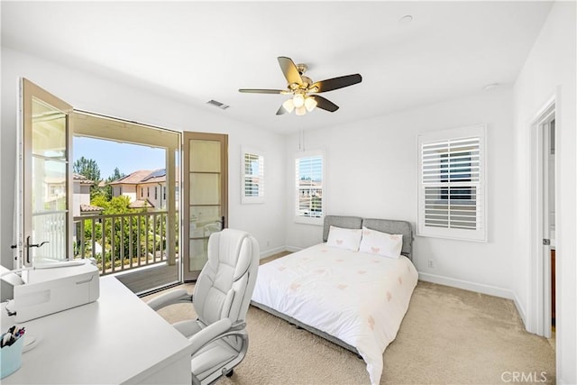 114 Yuba, Irvine, CA 92620 - bedroom with access to exterior, baseboards, light colored carpet, and ceiling fan