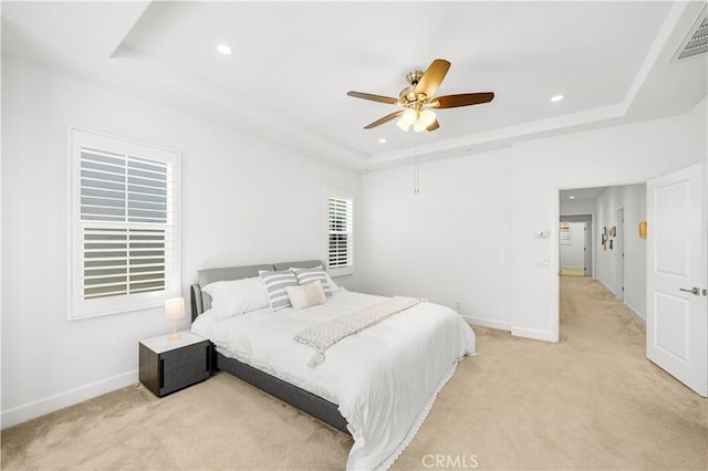 114 Yuba, Irvine, CA 92620 - bedroom with a raised ceiling, light carpet, recessed lighting, baseboards, and ceiling fan
