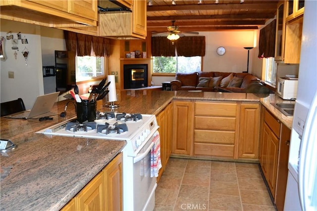 15433 Acacia Way, Pine Mountain Club, CA 93225 - kitchen with white gas stove, wood ceiling, a ceiling fan, a glass covered fireplace, and open floor plan