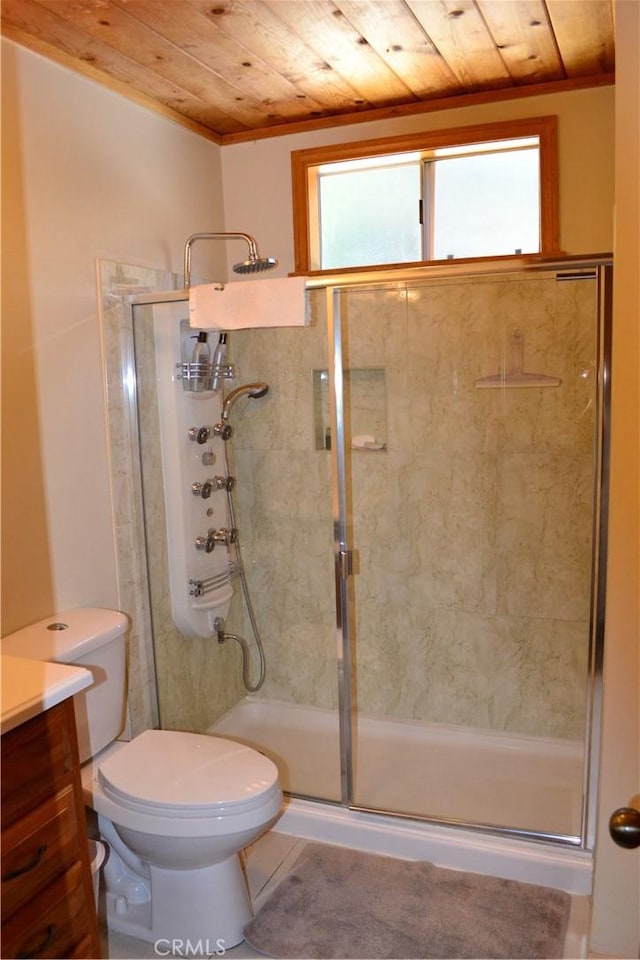 15433 Acacia Way, Pine Mountain Club, CA 93225 - full bath with plenty of natural light, wooden ceiling, a shower stall, vanity, and toilet