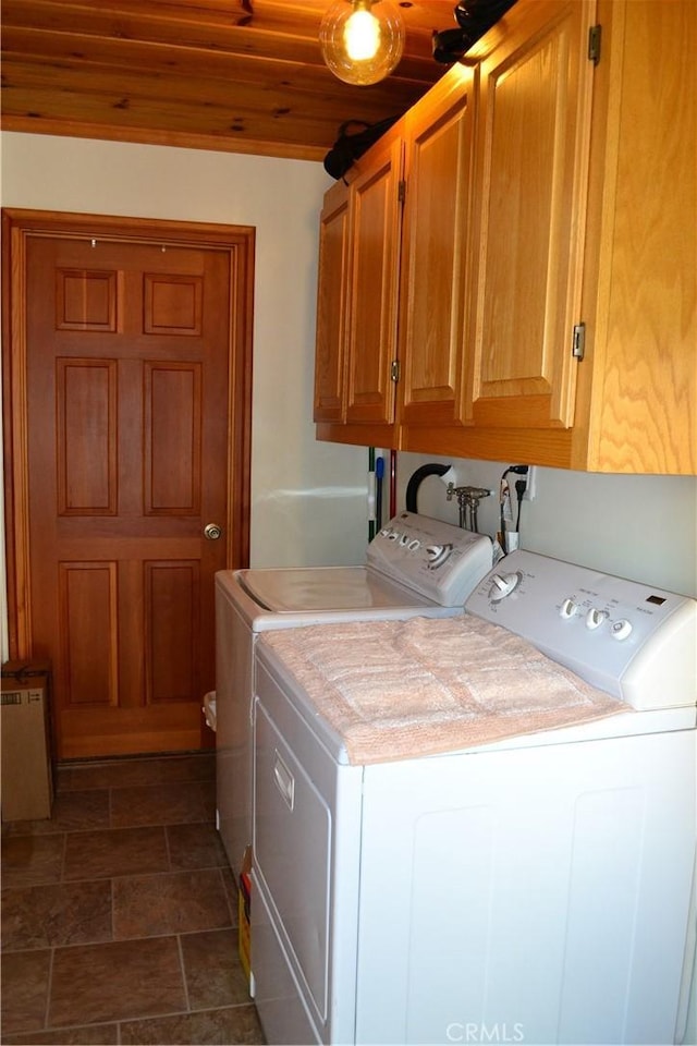 15433 Acacia Way, Pine Mountain Club, CA 93225 - washroom featuring independent washer and dryer, cabinet space, wooden ceiling, and dark stone finish floors