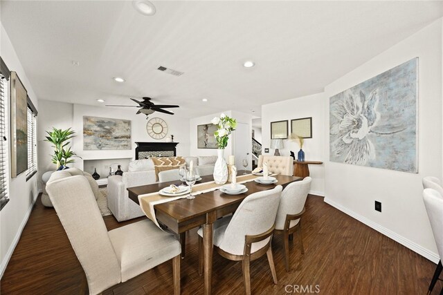 356 Freedom, Upland, CA 91786 - dining space featuring baseboards, recessed lighting, wood finished floors, a fireplace, and ceiling fan