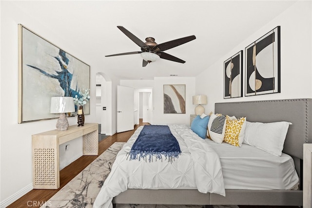 356 Freedom, Upland, CA 91786 - bedroom with wood finished floors, baseboards, ceiling fan, and arched walkways