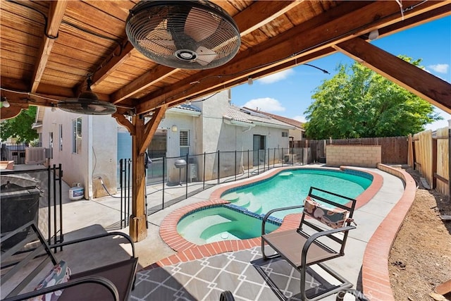 45723 17th St W, Lancaster, CA 93534 - view of pool featuring a patio area, a fenced backyard, a pool with connected hot tub, and a ceiling fan