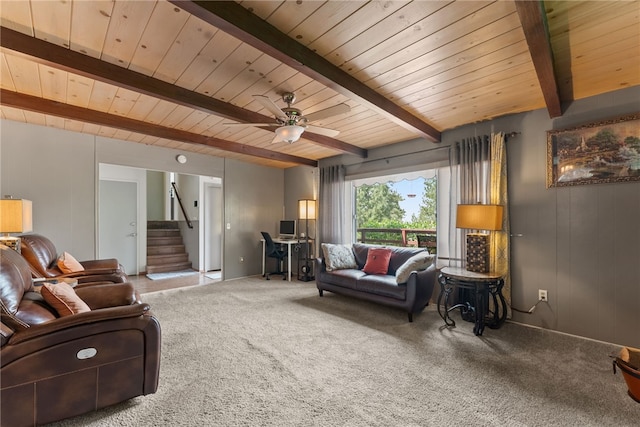 5203 Desert View Dr, Wrightwood, CA 92397 - carpeted living area featuring beam ceiling, wooden ceiling, stairs, baseboards, and a ceiling fan