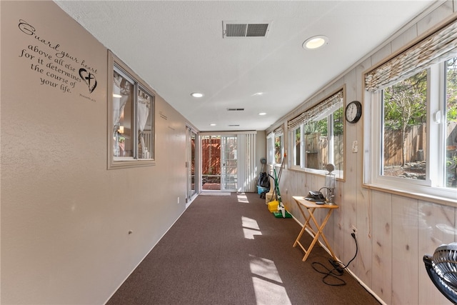 5203 Desert View Dr, Wrightwood, CA 92397 - corridor featuring carpet floors, recessed lighting, and wooden walls