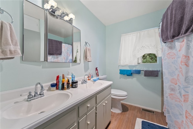 5203 Desert View Dr, Wrightwood, CA 92397 - bathroom featuring wood finished floors, toilet, double vanity, and baseboards