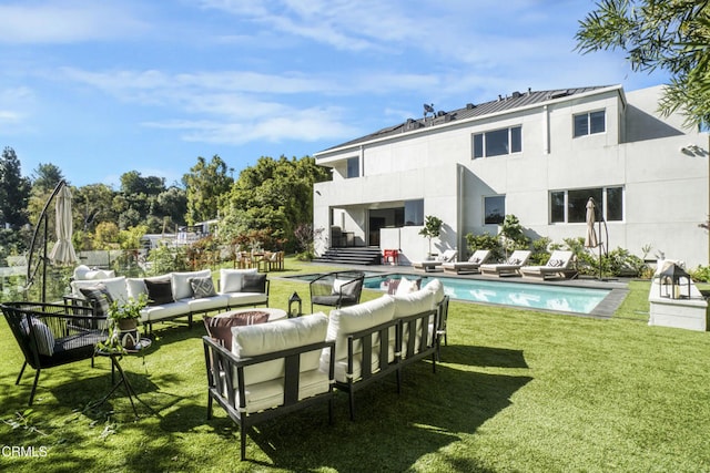 1116 Linda Flora Dr, Los Angeles, CA 90049 - rear view of property featuring outdoor lounge area, a lawn, an outdoor pool, and metal roof