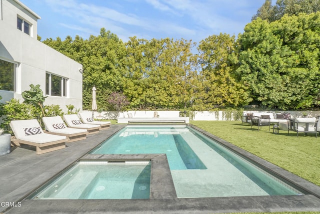 1116 Linda Flora Dr, Los Angeles, CA 90049 - view of pool featuring an in-ground hot tub, an outdoor hangout area, and a patio area
