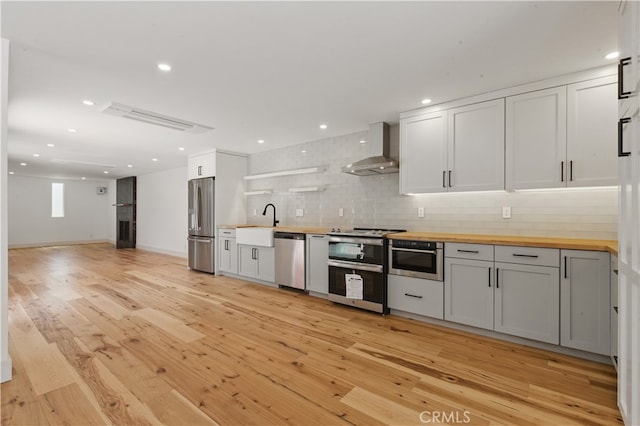 kitchen featuring butcher block counters, appliances with stainless steel finishes, wall chimney range hood, a sink, and backsplash
