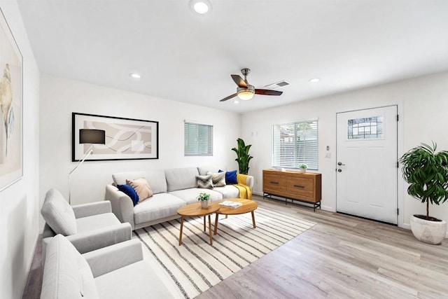 487678 34th St, San Diego, CA 92116 - living room featuring light wood-style floors, ceiling fan, and recessed lighting