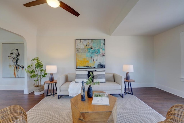 487678 34th St, San Diego, CA 92116 - living room with wood finished floors, a ceiling fan, and arched walkways