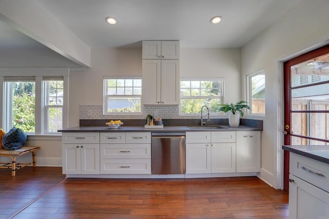 487678 34th St, San Diego, CA 92116 - kitchen with stainless steel dishwasher, plenty of natural light, hardwood / wood-style flooring, white cabinetry, and recessed lighting