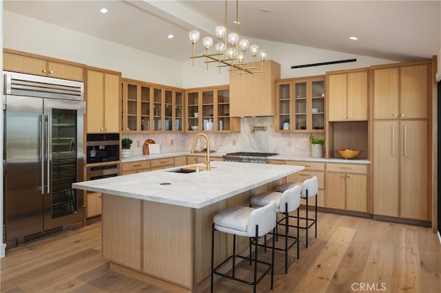 23262 Ellice Cir, Dana Point, CA 92629 - kitchen featuring stainless steel appliances, a sink, vaulted ceiling, backsplash, and light brown cabinetry