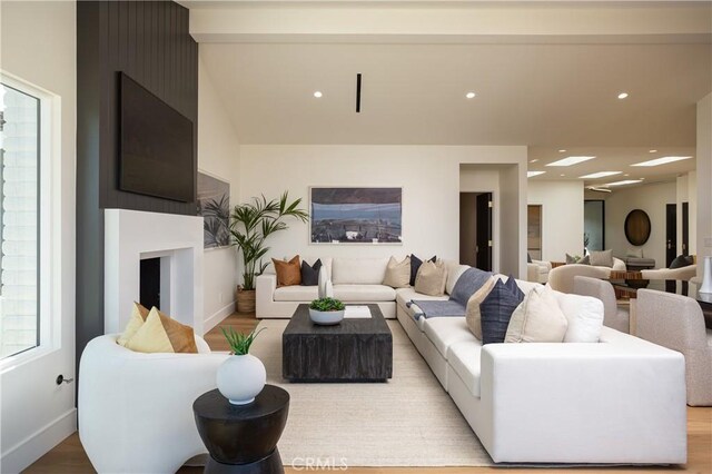 23262 Ellice Cir, Dana Point, CA 92629 - living area with recessed lighting, light wood finished floors, a fireplace, and vaulted ceiling