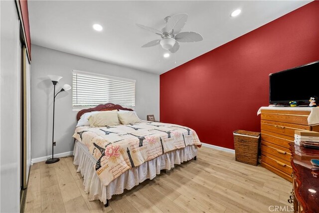 11483 Green Vly, Pacoima, CA 91331 - bedroom with light wood-type flooring, recessed lighting, a ceiling fan, and baseboards