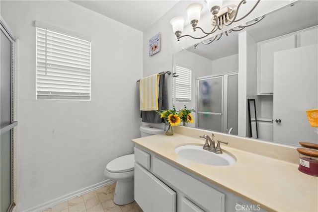 11483 Green Vly, Pacoima, CA 91331 - full bath featuring a stall shower, a chandelier, vanity, toilet, and baseboards