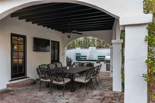 1731 W Kenneth Rd, Glendale, CA 91201 - view of patio / terrace with an outdoor kitchen, ceiling fan, outdoor dining area, and fence