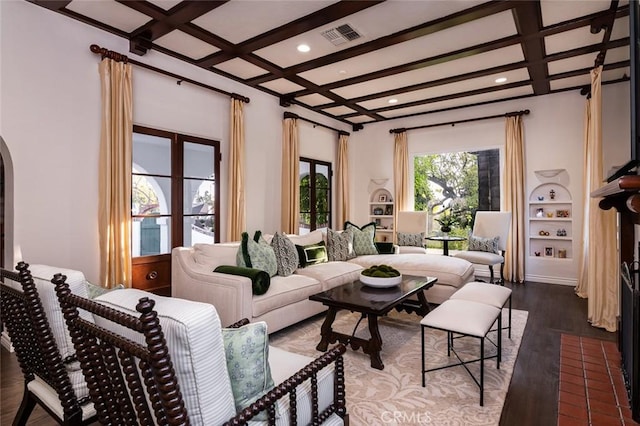 1731 W Kenneth Rd, Glendale, CA 91201 - living area with coffered ceiling, arched walkways, beam ceiling, dark wood-style flooring, and recessed lighting