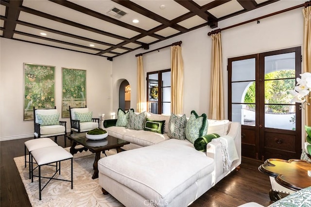 1731 W Kenneth Rd, Glendale, CA 91201 - living area featuring arched walkways, coffered ceiling, wood finished floors, beamed ceiling, and recessed lighting