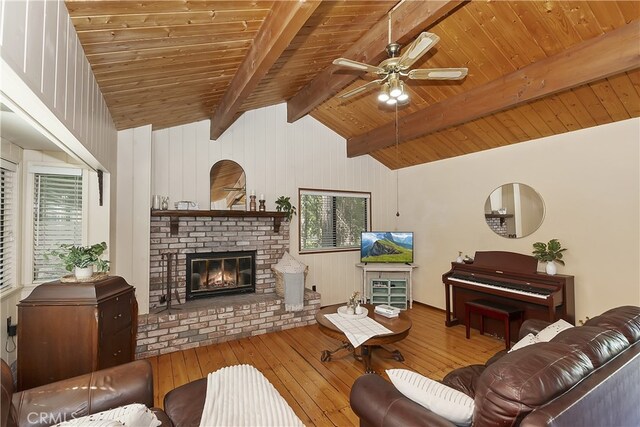 1027 Nesthorn Dr, Crestline, CA 92325 - living area with wood-type flooring, a brick fireplace, ceiling fan, wood ceiling, and wooden walls