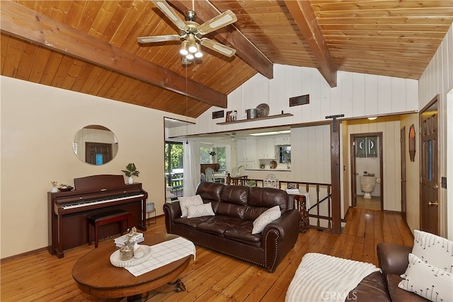 1027 Nesthorn Dr, Crestline, CA 92325 - living room featuring a ceiling fan, wood ceiling, and hardwood / wood-style flooring