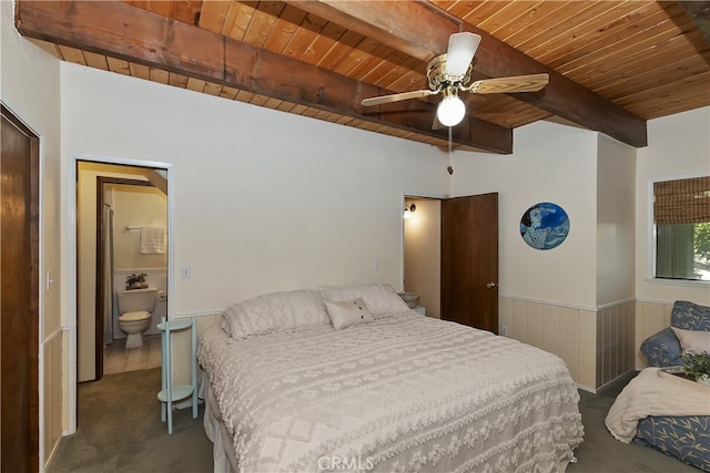 1027 Nesthorn Dr, Crestline, CA 92325 - bedroom with wooden ceiling, carpet floors, beamed ceiling, a wainscoted wall, and ceiling fan