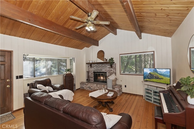 1027 Nesthorn Dr, Crestline, CA 92325 - living area with a fireplace, wood-type flooring, wood ceiling, and ceiling fan
