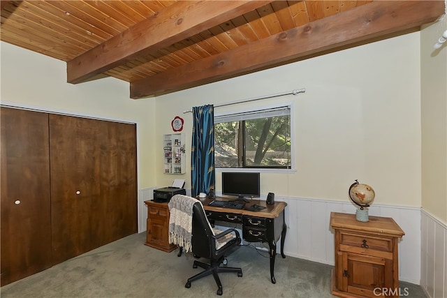 1027 Nesthorn Dr, Crestline, CA 92325 - carpeted office space with a wainscoted wall, wood ceiling, and beamed ceiling