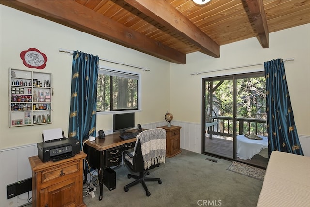 1027 Nesthorn Dr, Crestline, CA 92325 - office area featuring wood ceiling, wainscoting, plenty of natural light, beam ceiling, and carpet floors