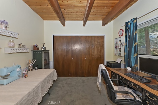 1027 Nesthorn Dr, Crestline, CA 92325 - carpeted bedroom featuring a closet, an office area, beamed ceiling, and wooden ceiling