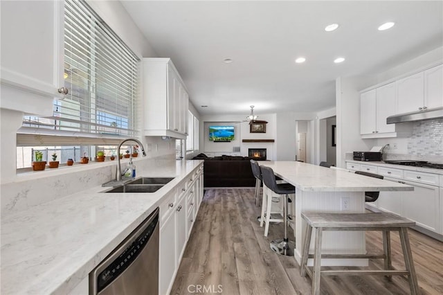 kitchen with a sink, stainless steel dishwasher, a lit fireplace, under cabinet range hood, and backsplash