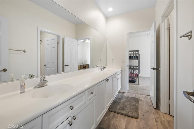 bathroom featuring wood finished floors and double vanity