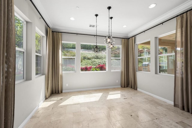 1797 Santa Christina Ave, Chula Vista, CA 91913 - unfurnished dining area with stone tile floors, ornamental molding, a chandelier, and recessed lighting