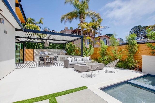 417 Warwick Ave, Cardiff By The Sea, CA 92007 - view of patio / terrace with an outdoor hangout area, a fenced backyard, an outdoor kitchen, outdoor dining space, and an in-ground hot tub