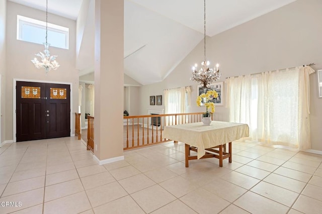 4078 Bending Oak Ct, Moorpark, CA 93021 - foyer entrance with a chandelier, light tile patterned floors, and high vaulted ceiling