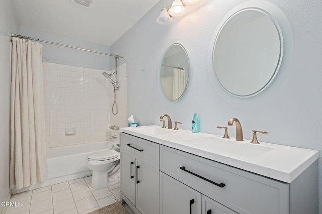 4078 Bending Oak Ct, Moorpark, CA 93021 - bathroom featuring double vanity, shower / bath combo with shower curtain, and tile patterned floors