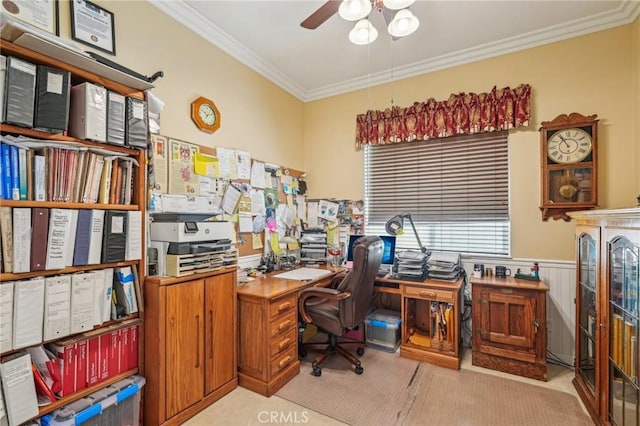 19575 Vermillion Ln, Apple Valley, CA 92308 - carpeted office with ornamental molding, a ceiling fan, and wainscoting