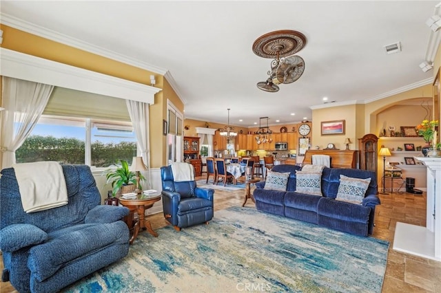 19575 Vermillion Ln, Apple Valley, CA 92308 - living area with crown molding, recessed lighting, a chandelier, and light stone finish flooring