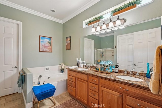 19575 Vermillion Ln, Apple Valley, CA 92308 - full bath with a stall shower, a garden tub, double vanity, tile patterned flooring, and ornamental molding