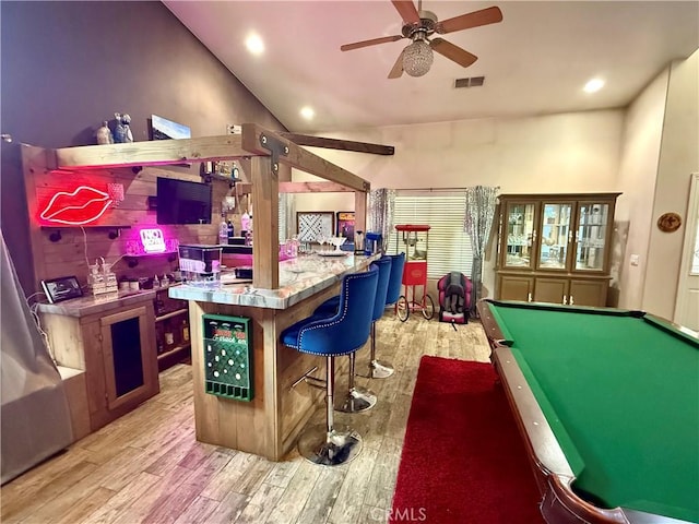 9869 Kehl Canyon Rd, Cherry Valley, CA 92223 - game room with wood finished floors, ceiling fan, recessed lighting, vaulted ceiling, and pool table