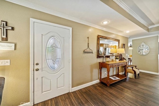 1266 Marina Rd, Corona, CA 92880 - entrance foyer with ornamental molding, baseboards, dark wood-style flooring, a textured wall, and recessed lighting
