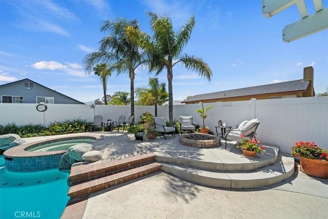1266 Marina Rd, Corona, CA 92880 - view of patio featuring an outdoor fire pit, a fenced backyard, and a pool with connected hot tub