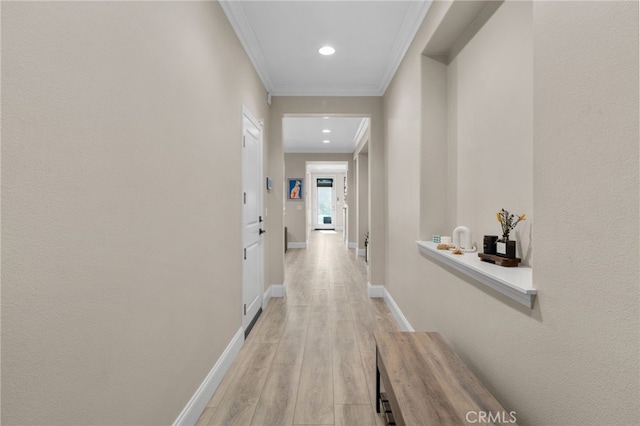 14215 Rolling Stream Pl, Eastvale, CA 92880 - hallway featuring crown molding, light wood-type flooring, baseboards, and recessed lighting