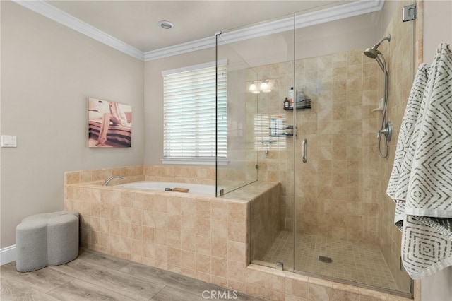 14215 Rolling Stream Pl, Eastvale, CA 92880 - bathroom with wood finished floors, crown molding, a shower stall, and a bath