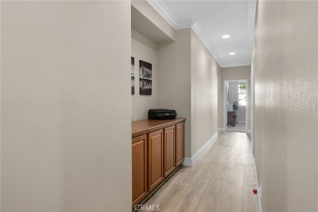 14215 Rolling Stream Pl, Eastvale, CA 92880 - hallway with ornamental molding, light wood finished floors, baseboards, and recessed lighting