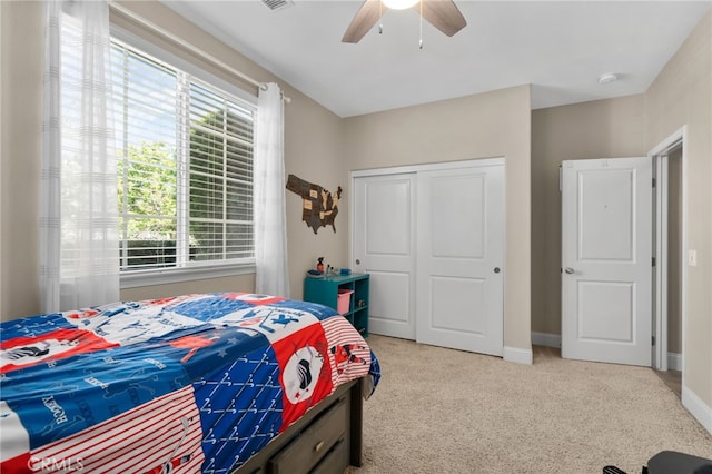 14215 Rolling Stream Pl, Eastvale, CA 92880 - bedroom with carpet flooring, a closet, a ceiling fan, and baseboards