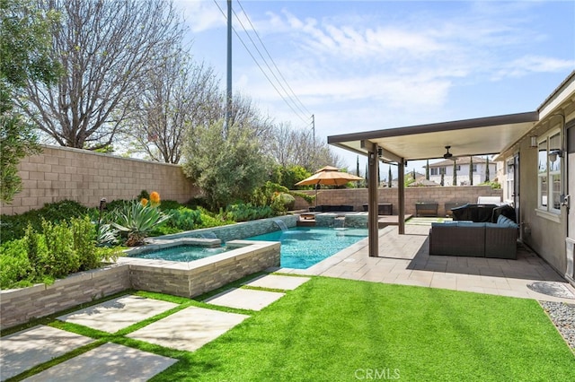 14215 Rolling Stream Pl, Eastvale, CA 92880 - view of swimming pool with a pool with connected hot tub, a ceiling fan, a patio, and outdoor lounge area
